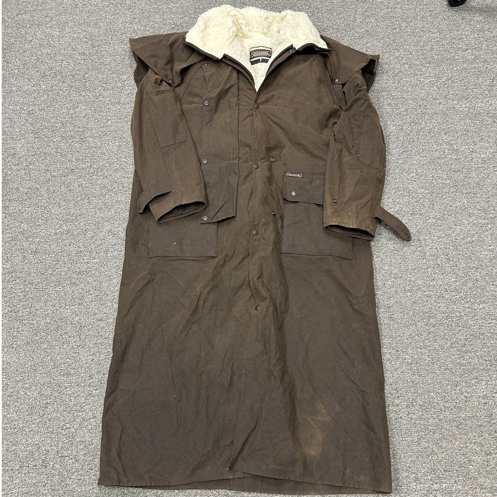 Driza-Bone Outrider Duster Coat Mens 8 9 Brown Waxed Cotton Shearling Lined D1